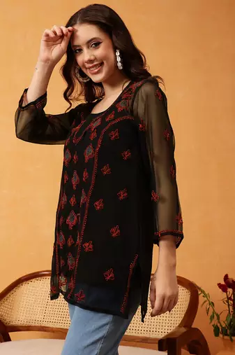 Hand Embroidered Black & Rust Georgette Lucknowi Chikankari Short Kurti With Slip