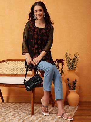 Hand Embroidered Black & Rust Georgette Lucknowi Chikankari Short Kurti With Slip 4