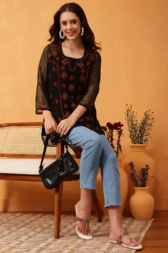 Hand Embroidered Black & Rust Georgette Lucknowi Chikankari Short Kurti With Slip
