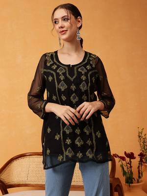 Hand Embroidered Black & Lime Green Georgette Lucknowi Chikankari Short Kurti With Slip 1