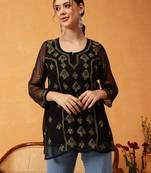 Hand Embroidered Black & Lime Green Georgette Lucknowi Chikankari Short Kurti With Slip