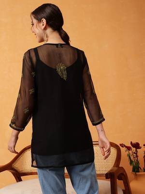 Hand Embroidered Black & Lime Green Georgette Lucknowi Chikankari Short Kurti With Slip 2