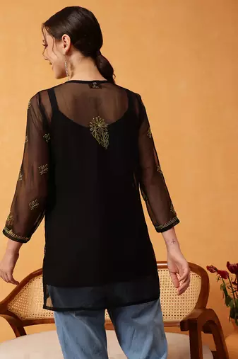 Hand Embroidered Black & Lime Green Georgette Lucknowi Chikankari Short Kurti With Slip