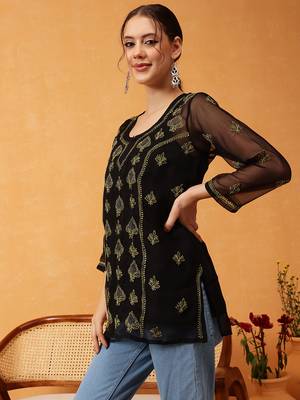 Hand Embroidered Black & Lime Green Georgette Lucknowi Chikankari Short Kurti With Slip 3