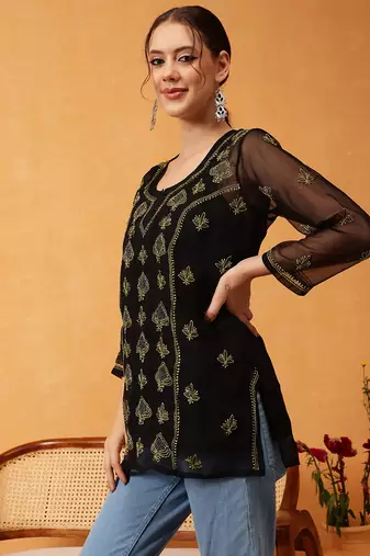 Hand Embroidered Black & Lime Green Georgette Lucknowi Chikankari Short Kurti With Slip