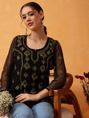 Hand Embroidered Black & Lime Green Georgette Lucknowi Chikankari Short Kurti With Slip 4