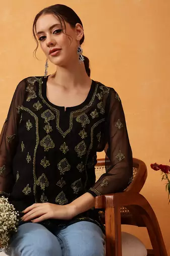 Hand Embroidered Black & Lime Green Georgette Lucknowi Chikankari Short Kurti With Slip