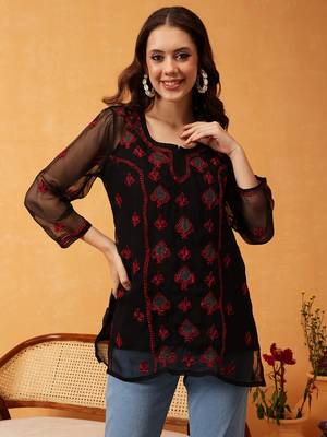 Hand Embroidered Black & Red Georgette Lucknowi Chikankari Short Kurti With Slip 1