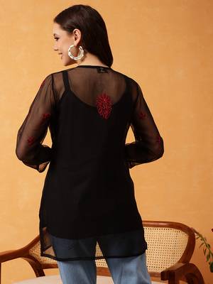 Hand Embroidered Black & Red Georgette Lucknowi Chikankari Short Kurti With Slip 3