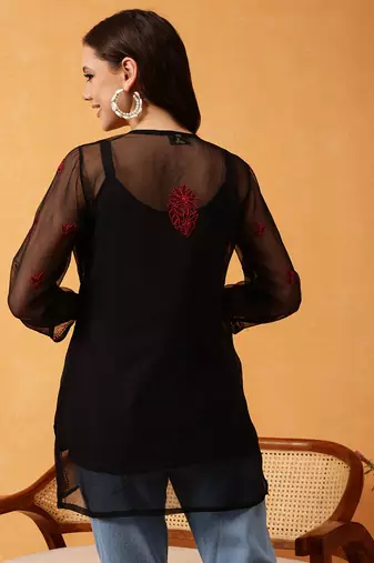 Hand Embroidered Black & Red Georgette Lucknowi Chikankari Short Kurti With Slip