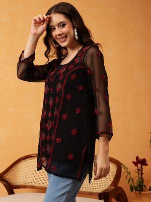 Hand Embroidered Black & Red Georgette Lucknowi Chikankari Short Kurti With Slip 4