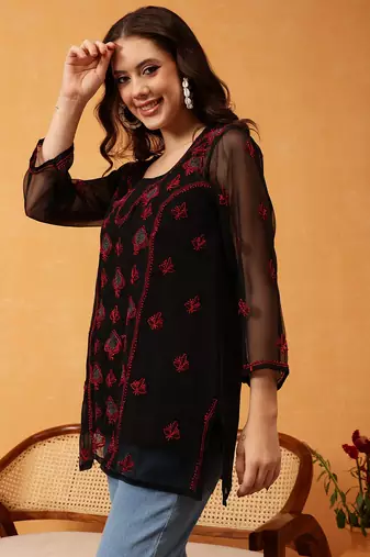Hand Embroidered Black & Red Georgette Lucknowi Chikankari Short Kurti With Slip