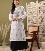 Hand Embroidered White Cotton Lucknowi Chikankari Indian Women Straight Kurta