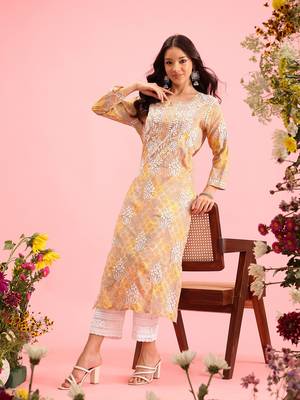 Hand Embroidered Printed Yellow Mulmul Cotton Lucknowi Chikankari Straight Kurta 1