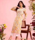 Hand Embroidered Printed Yellow Mulmul Cotton Lucknowi Chikankari Straight Kurta