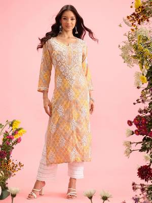 Hand Embroidered Printed Yellow Mulmul Cotton Lucknowi Chikankari Straight Kurta 2
