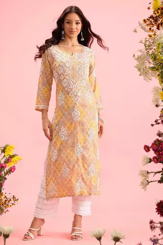 Hand Embroidered Printed Yellow Mulmul Cotton Lucknowi Chikankari Straight Kurta