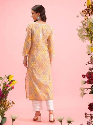 Hand Embroidered Printed Yellow Mulmul Cotton Lucknowi Chikankari Straight Kurta 4