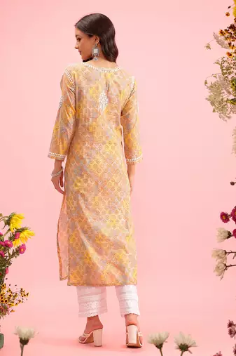 Hand Embroidered Printed Yellow Mulmul Cotton Lucknowi Chikankari Straight Kurta