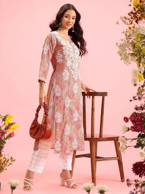 Hand Embroidered Printed Pink Mulmul Cotton Lucknowi Chikankari Straight Kurta 1
