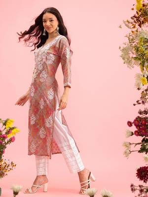 Hand Embroidered Printed Pink Mulmul Cotton Lucknowi Chikankari Straight Kurta 2