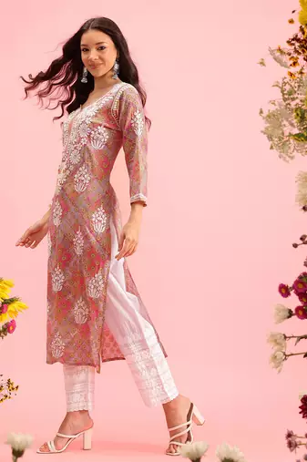 Hand Embroidered Printed Pink Mulmul Cotton Lucknowi Chikankari Straight Kurta