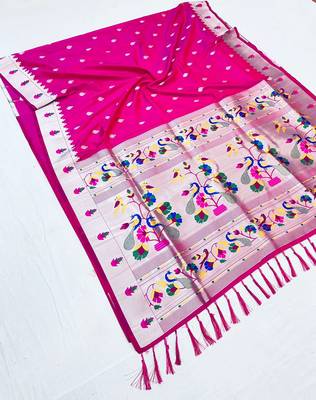 Koram Rani Pink Paithani kanchipuram silk blend saree Zari Weaving Pallu Saree With Blouse For Women 1
