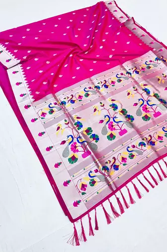Koram Rani Pink Paithani kanchipuram silk blend saree Zari Weaving Pallu Saree With Blouse For Women