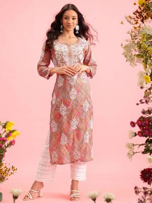 Hand Embroidered Printed Pink Mulmul Cotton Lucknowi Chikankari Straight Kurta 3