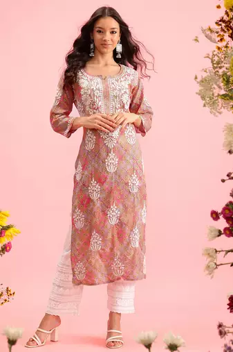 Hand Embroidered Printed Pink Mulmul Cotton Lucknowi Chikankari Straight Kurta