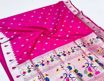 Koram Rani Pink Paithani kanchipuram silk blend saree Zari Weaving Pallu Saree With Blouse For Women 3