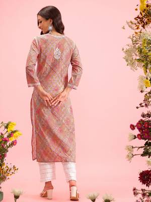 Hand Embroidered Printed Pink Mulmul Cotton Lucknowi Chikankari Straight Kurta 4