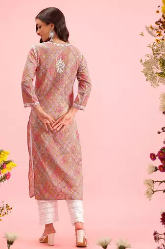 Hand Embroidered Printed Pink Mulmul Cotton Lucknowi Chikankari Straight Kurta