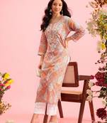 Hand Embroidered Printed Orange Mulmul Cotton Lucknowi Chikankari Straight Kurta