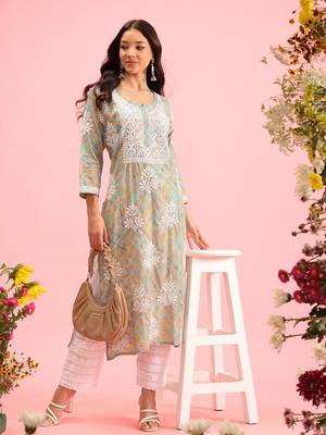 Hand Embroidered Printed Sea Green Mulmul Cotton Lucknowi Chikankari Straight Kurta 1