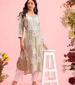 Hand Embroidered Printed Sea Green Mulmul Cotton Lucknowi Chikankari Straight Kurta
