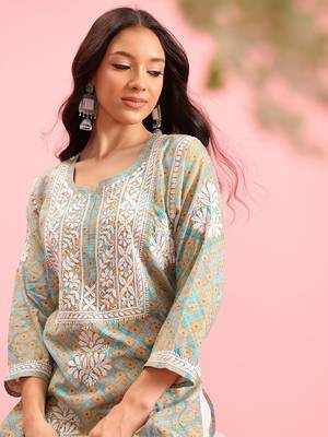 Hand Embroidered Printed Sea Green Mulmul Cotton Lucknowi Chikankari Straight Kurta 2