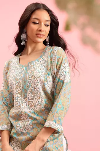 Hand Embroidered Printed Sea Green Mulmul Cotton Lucknowi Chikankari Straight Kurta