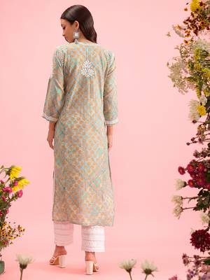 Hand Embroidered Printed Sea Green Mulmul Cotton Lucknowi Chikankari Straight Kurta 3