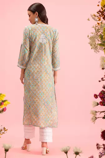 Hand Embroidered Printed Sea Green Mulmul Cotton Lucknowi Chikankari Straight Kurta