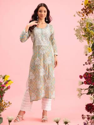 Hand Embroidered Printed Sea Green Mulmul Cotton Lucknowi Chikankari Straight Kurta 4