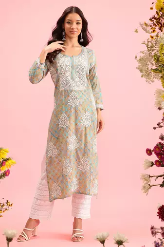Hand Embroidered Printed Sea Green Mulmul Cotton Lucknowi Chikankari Straight Kurta