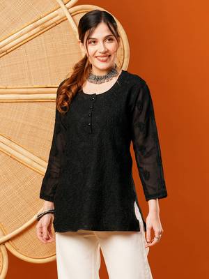 Hand Embroidered Black Cotton Lucknowi Chikankari Short Kurti 1