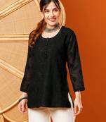 Hand Embroidered Black Cotton Lucknowi Chikankari Short Kurti