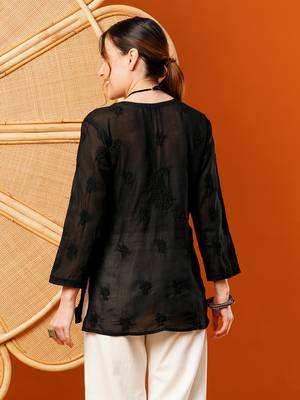 Hand Embroidered Black Cotton Lucknowi Chikankari Short Kurti 2