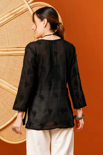 Hand Embroidered Black Cotton Lucknowi Chikankari Short Kurti