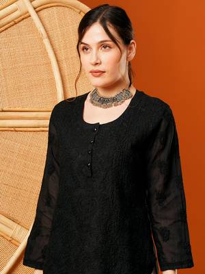 Hand Embroidered Black Cotton Lucknowi Chikankari Short Kurti 3