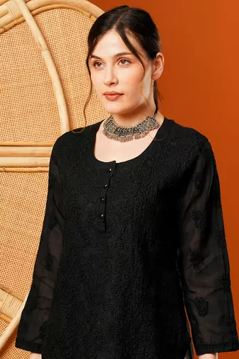 Hand Embroidered Black Cotton Lucknowi Chikankari Short Kurti