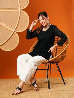 Hand Embroidered Black Cotton Lucknowi Chikankari Short Kurti 4