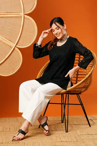 Hand Embroidered Black Cotton Lucknowi Chikankari Short Kurti